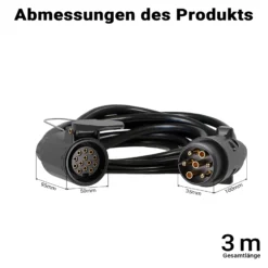 Wiltec Verlängerungskabel 3 m 7-polig auf 13-polig, Anhängerkabel PVC, robustes Elektrokabel mit Stecker & Buchse, Verlängerungskabel für Anhänger und Wohnwagen