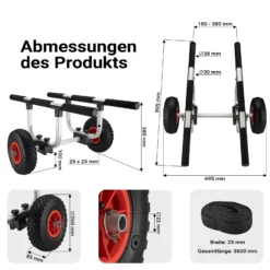 Wiltec verstellbarer Alu Kanuwagen bis 90 kg, Transportwagen für Boote, Kanus und Kajaks, SUP-Trolley mit Polstern, ⌀26 cm PU-Räder & Gurtbändern,, SUP-Wagen mit verstellbarer Auflagebreite