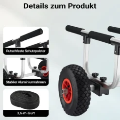 Wiltec verstellbarer Alu Kanuwagen bis 90 kg, Transportwagen für Boote, Kanus und Kajaks, SUP-Trolley mit Polstern, ⌀26 cm PU-Räder & Gurtbändern,, SUP-Wagen mit verstellbarer Auflagebreite