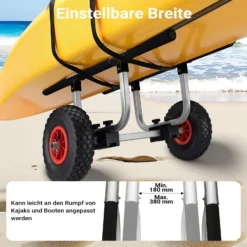 Wiltec verstellbarer Alu Kanuwagen bis 90 kg, Transportwagen für Boote, Kanus und Kajaks, SUP-Trolley mit Polstern, ⌀26 cm PU-Räder & Gurtbändern,, SUP-Wagen mit verstellbarer Auflagebreite