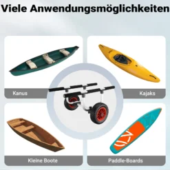 Wiltec verstellbarer Alu Kanuwagen bis 90 kg, Transportwagen für Boote, Kanus und Kajaks, SUP-Trolley mit Polstern, ⌀22 cm große PU-Räder & Gurtbändern, SUP-Wagen mit verstellbarer Auflagebreite