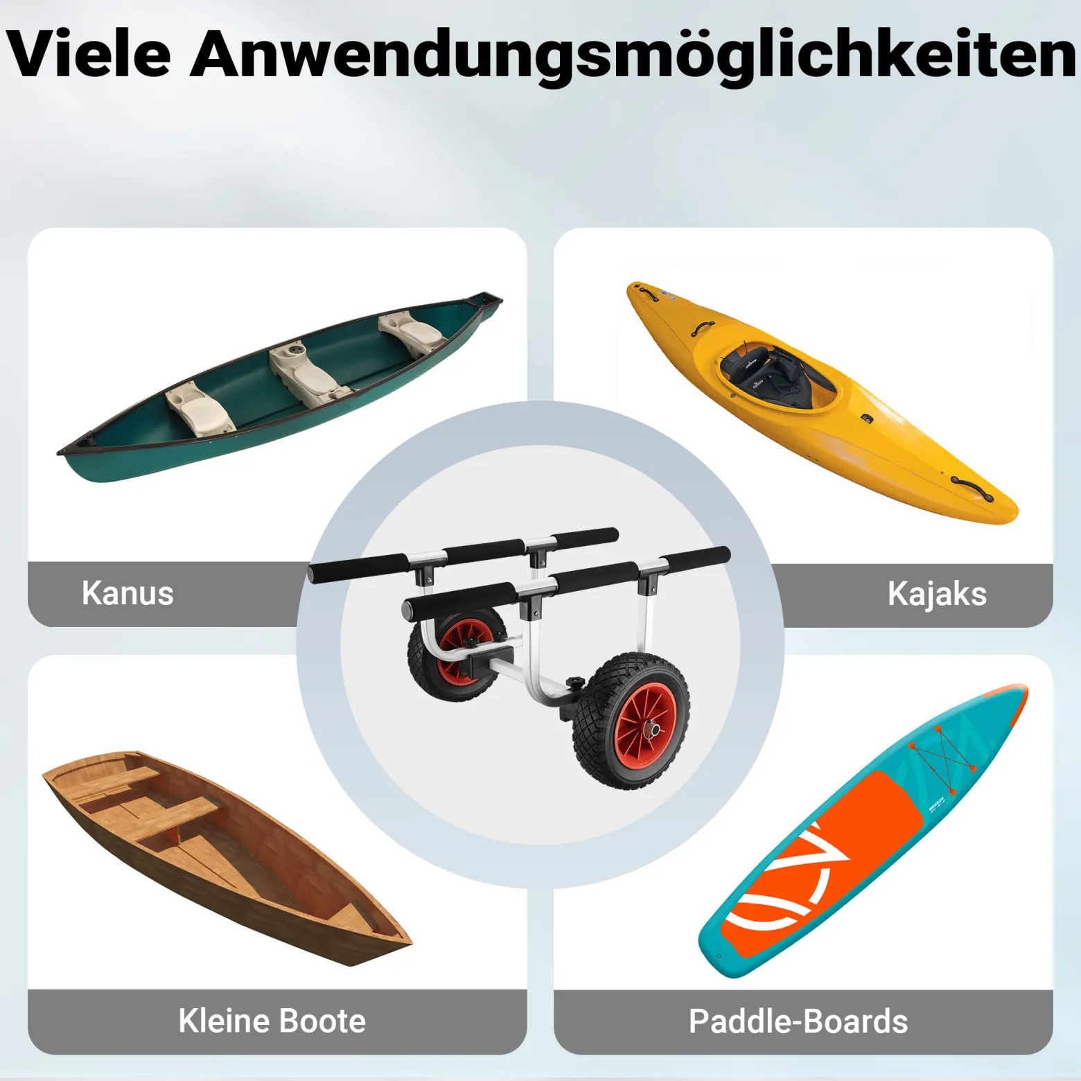 Wiltec verstellbarer Alu Kanuwagen bis 90 kg, Transportwagen für Boote, Kanus und Kajaks, SUP-Trolley mit Polstern, ⌀22 cm große PU-Räder & Gurtbändern, SUP-Wagen mit verstellbarer Auflagebreite