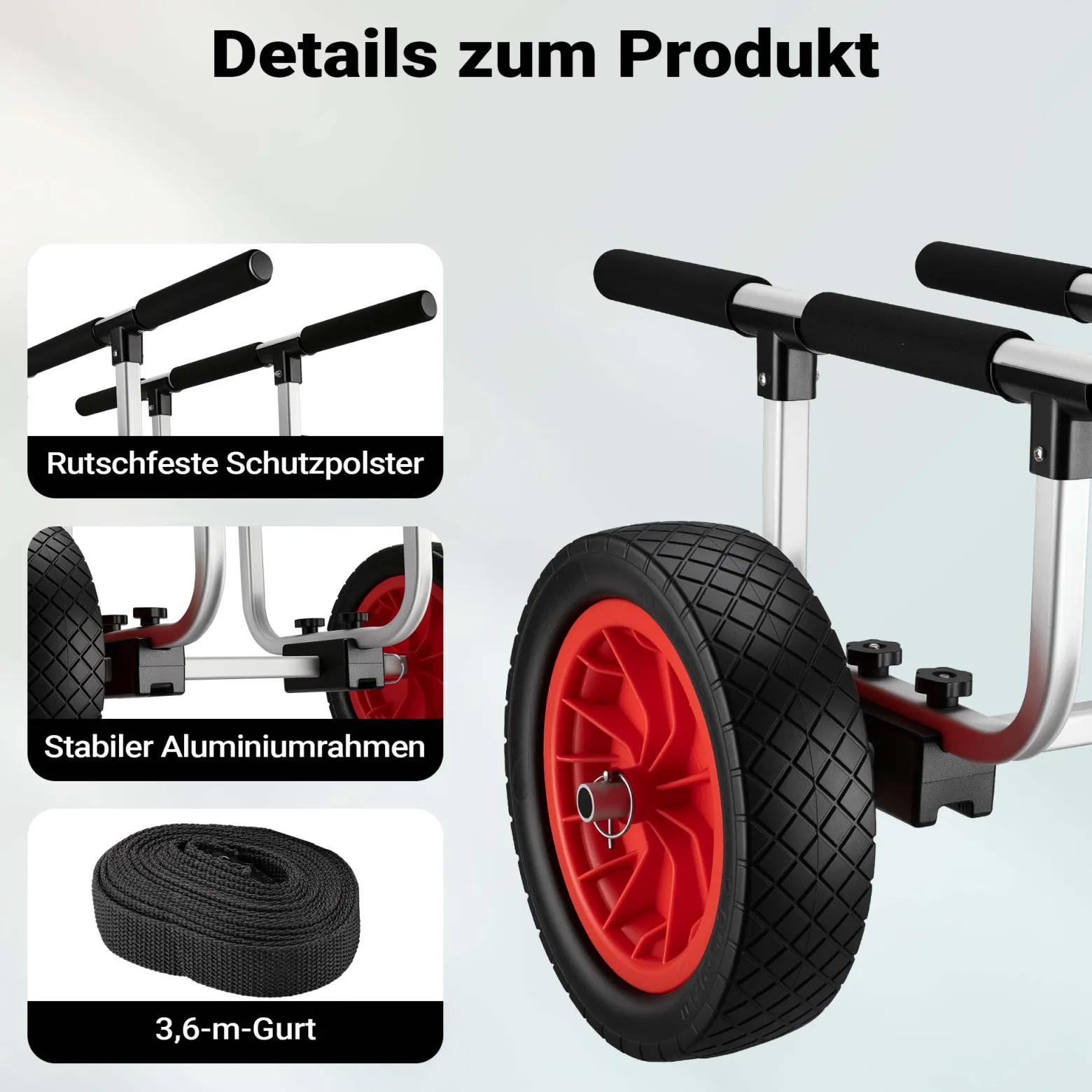 Wiltec verstellbarer Alu Kanuwagen bis 90 kg, Transportwagen für Boote, Kanus und Kajaks, SUP-Trolley mit Polstern, ⌀31 cm PU-Räder & Gurtbändern, SUP-Wagen mit verstellbarer Auflagebreite