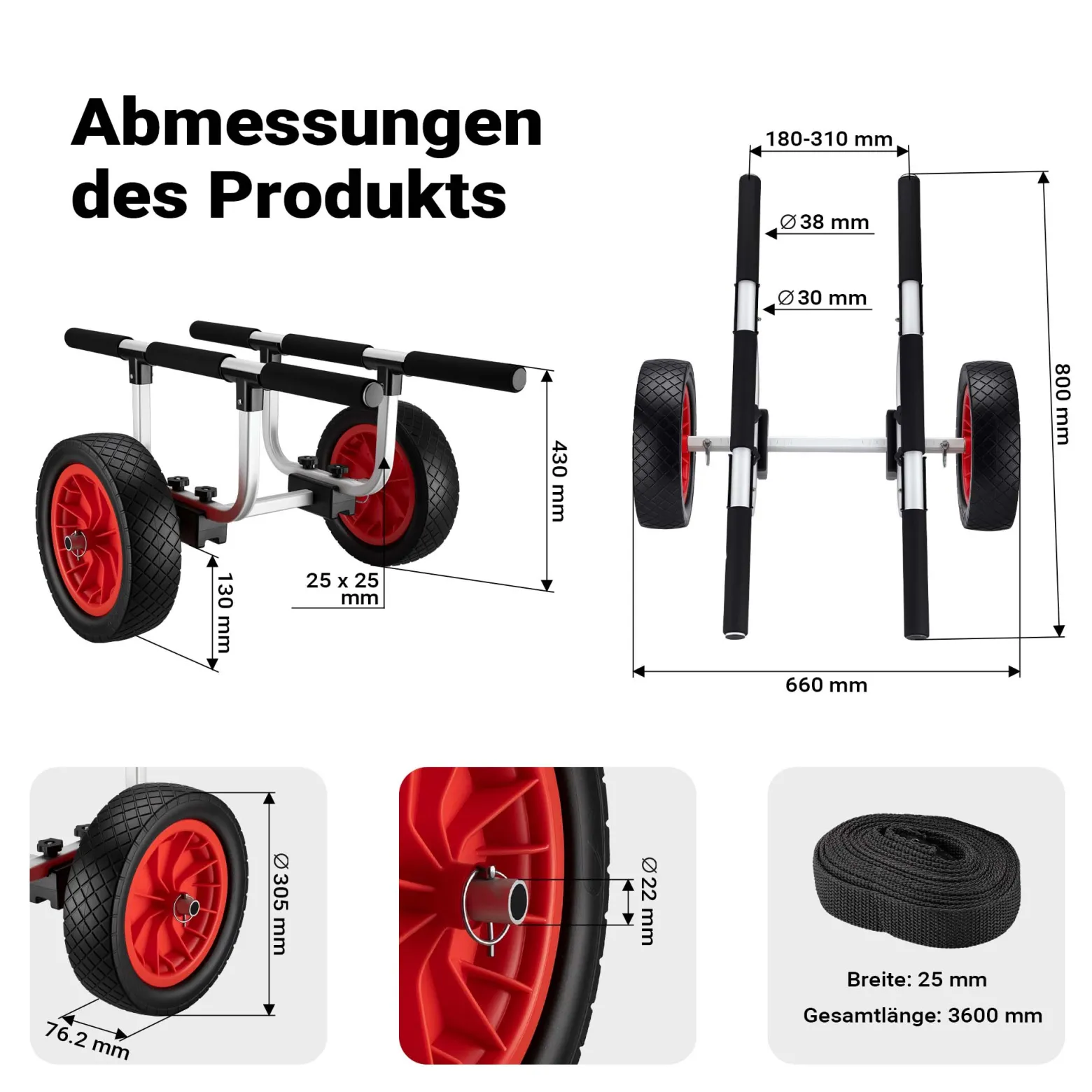 Wiltec verstellbarer Alu Kanuwagen bis 90 kg, Transportwagen für Boote, Kanus und Kajaks, SUP-Trolley mit Polstern, ⌀31 cm PU-Räder & Gurtbändern, SUP-Wagen mit verstellbarer Auflagebreite