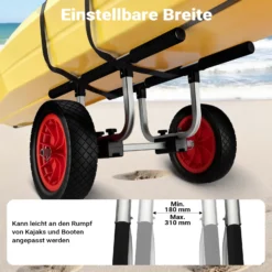 Wiltec verstellbarer Alu Kanuwagen bis 90 kg, Transportwagen für Boote, Kanus und Kajaks, SUP-Trolley mit Polstern, ⌀31 cm PU-Räder & Gurtbändern, SUP-Wagen mit verstellbarer Auflagebreite