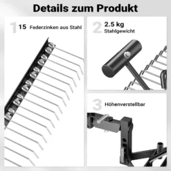 Wiltec Vertikutierer 120 cm für Aufsitzmäher, Rasenlüfter mit Stahlfedern für Rasentraktor, Rasenvertikutierer zum Rasen lüften und als Moosentferner