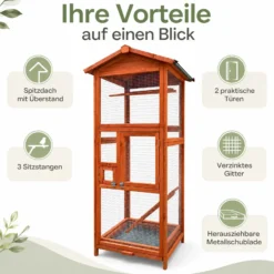 Wiltec Vogelvoliere aus Holz 72 x 63 x 168 cm, Vogelkäfig mit Sitzstangen und Kotschublade, Papageienkäfig mit Dach und 2 Türen