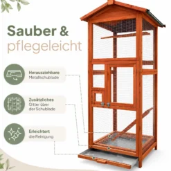 Wiltec Vogelvoliere aus Holz 72 x 63 x 168 cm, Vogelkäfig mit Sitzstangen und Kotschublade, Papageienkäfig mit Dach und 2 Türen