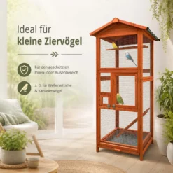 Wiltec Vogelvoliere aus Holz 72 x 63 x 168 cm, Vogelkäfig mit Sitzstangen und Kotschublade, Papageienkäfig mit Dach und 2 Türen