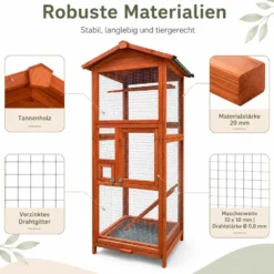 Wiltec Vogelvoliere aus Holz 72 x 63 x 168 cm, Vogelkäfig mit Sitzstangen und Kotschublade, Papageienkäfig mit Dach und 2 Türen