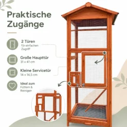 Wiltec Vogelvoliere aus Holz 72 x 63 x 168 cm, Vogelkäfig mit Sitzstangen und Kotschublade, Papageienkäfig mit Dach und 2 Türen