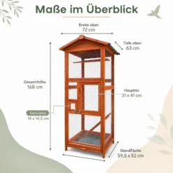 Wiltec Vogelvoliere aus Holz 72 x 63 x 168 cm, Vogelkäfig mit Sitzstangen und Kotschublade, Papageienkäfig mit Dach und 2 Türen
