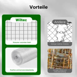 Wiltec Volierendraht 0,5 x 5 m, Hasendraht mit 6,3 mm Maschenweite viereckig, Kaninchendraht Stahl verzinkt, wetterfester Hühnerdraht für Gehege