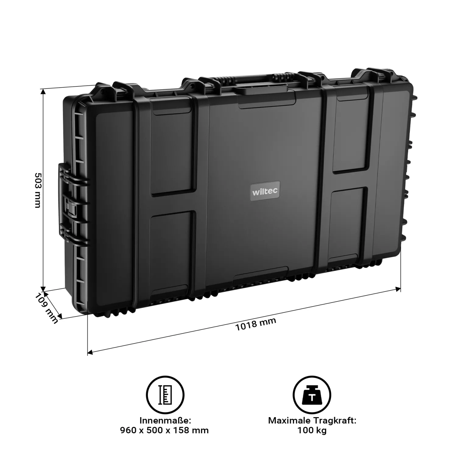 Wiltec Waffenkoffer 101,8 x 50,3 x 19 cm für Langwaffen, Gewehrkoffer mit Schaumstoffpolsterung und Rollen für sicheren Transport, Langwaffenkoffer mit hoher Traglast und Tragegriff