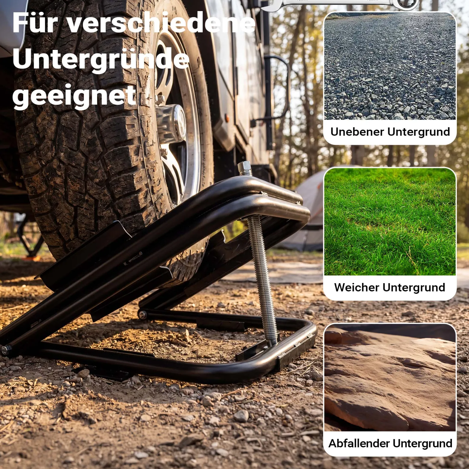 Wiltec Wagenheber für Wohnmobil bis 1360 kg, Nivellierer Wohnwagen 14“-15“ Reifen, robuster Ausgleichskeil Stahl, Auffahrkeil inkl. Schraubenschlüssel