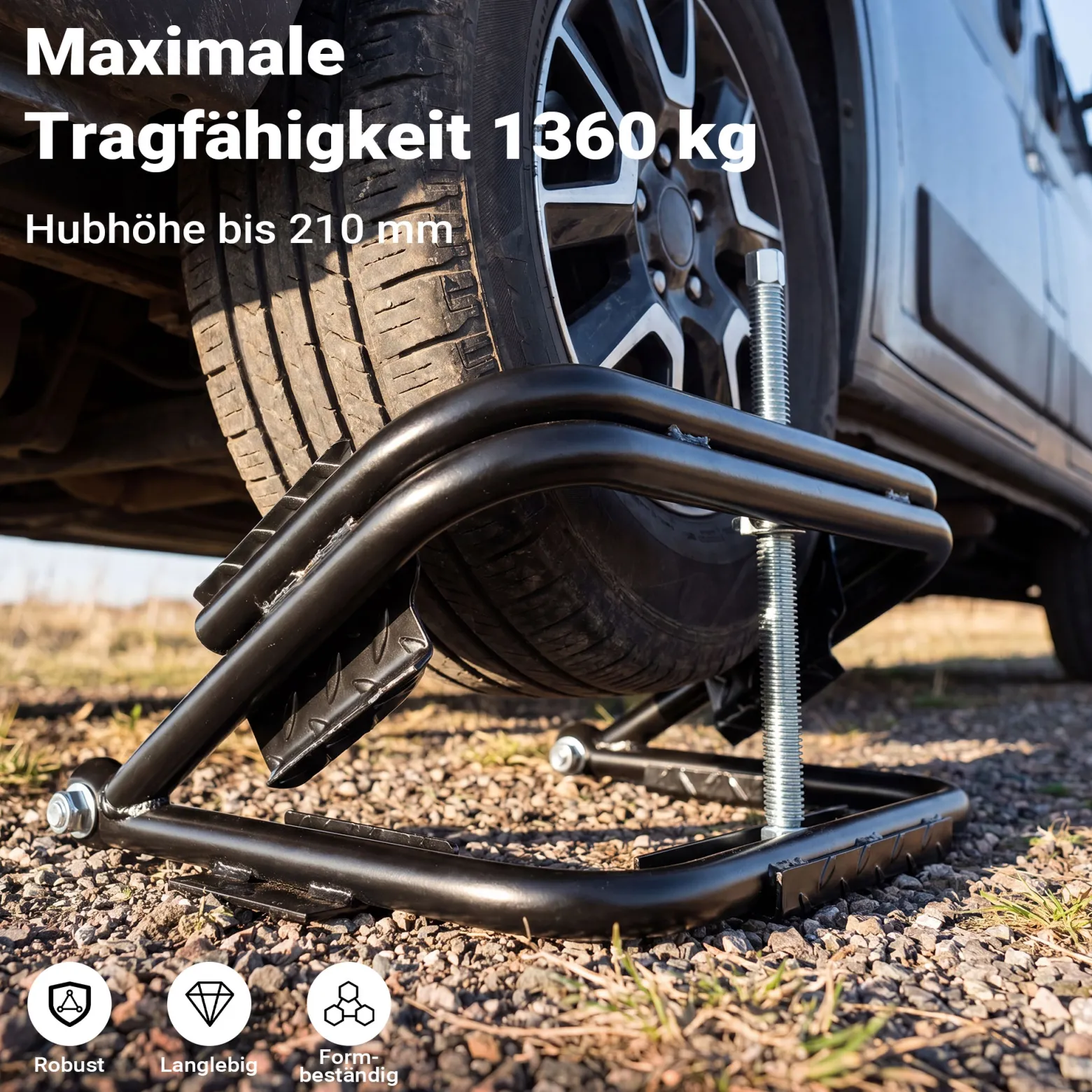 Wiltec Wagenheber für Wohnmobil bis 1360 kg, Nivellierer Wohnwagen 14“-15“ Reifen, robuster Ausgleichskeil Stahl, Auffahrkeil inkl. Schraubenschlüssel
