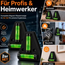 Wiltec Wasserwaage magnetisch 2 Stück Kreuzwasserwaage aus ABS mit Magnetrückseite mit je 2 Libellen, Magnetwasserwaage für Wohnmobil, Haushalt und Bau