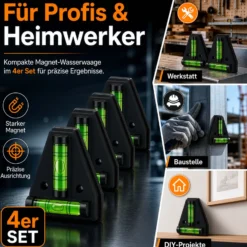 Wiltec Wasserwaage magnetisch 4 Stück Kreuzwasserwaage aus ABS mit Magnetrückseite mit je 2 Libellen, Magnetwasserwaage für Wohnmobil, Haushalt und Bau