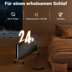 Wiltec 2000 W Elektro Glasheizung, Glaskonvektor mit LED-Anzeige, Elektroheizung mit Wandmontage & Rollen, E-Heizung mit Wifi-Steuerung inkl. Fernbedienung