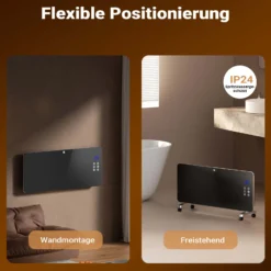 Wiltec 2000 W Elektro Glasheizung, Glaskonvektor mit LED-Anzeige, Elektroheizung mit Wandmontage & Rollen, E-Heizung mit Wifi-Steuerung inkl. Fernbedienung