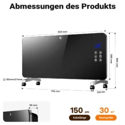 Wiltec 2000 W Elektro Glasheizung, Glaskonvektor mit LED-Anzeige, Elektroheizung mit Wandmontage & Rollen, E-Heizung mit Wifi-Steuerung inkl. Fernbedienung