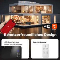 Wiltec 2000 W Elektro Glasheizung, Glaskonvektor mit LED-Anzeige, Elektroheizung mit Wandmontage & Rollen, E-Heizung mit Wifi-Steuerung inkl. Fernbedienung