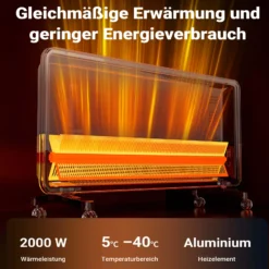 Wiltec 2000 W Elektro Glasheizung, Glaskonvektor mit LED-Anzeige, Elektroheizung mit Wandmontage & Rollen, E-Heizung mit Wifi-Steuerung inkl. Fernbedienung