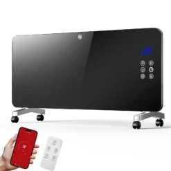 Wiltec 2000 W Elektro Glasheizung, Glaskonvektor mit LED-Anzeige, Elektroheizung mit Wandmontage & Rollen, E-Heizung mit Wifi-Steuerung inkl. Fernbedienung