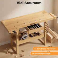 Wiltec Werkbank 151 x 61,5 x 86 cm aus Holz, Werktisch aus Rubberwood, Hobelbank bis 150 kg belastbar, Werkzeugbank mit Schublade und Spannzangen