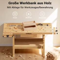 Wiltec Werkbank 151 x 61,5 x 86 cm aus Holz, Werktisch aus Rubberwood, Hobelbank bis 150 kg belastbar, Werkzeugbank mit Schublade und Spannzangen