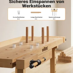 Wiltec Werkbank 151 x 61,5 x 86 cm aus Holz, Werktisch aus Rubberwood, Hobelbank bis 150 kg belastbar, Werkzeugbank mit Schublade und Spannzangen