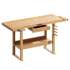 Wiltec Werkbank 151 x 61,5 x 86 cm aus Holz, Werktisch aus Rubberwood, Hobelbank bis 150 kg belastbar, Werkzeugbank mit Schublade und Spannzangen
