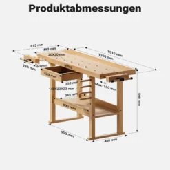 Wiltec Werkbank 151 x 61,5 x 86 cm aus Holz, Werktisch aus Rubberwood, Hobelbank bis 150 kg belastbar, Werkzeugbank mit Schublade und Spannzangen