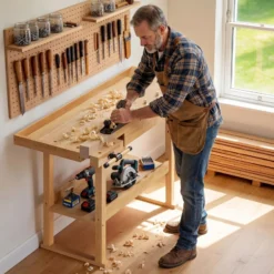 Wiltec Werkbank 151 x 61,5 x 86 cm aus Holz, Werktisch aus Rubberwood, Hobelbank bis 150 kg belastbar, Werkzeugbank mit Schublade und Spannzangen