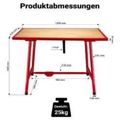 Wiltec Werkbank 120 x 62,5 x 83 cm klappbar, Werktisch faltbar, klappbarer Arbeitstisch bis 300 kg belastbar, Werkstatteinrichtung aus Stahl und Holz