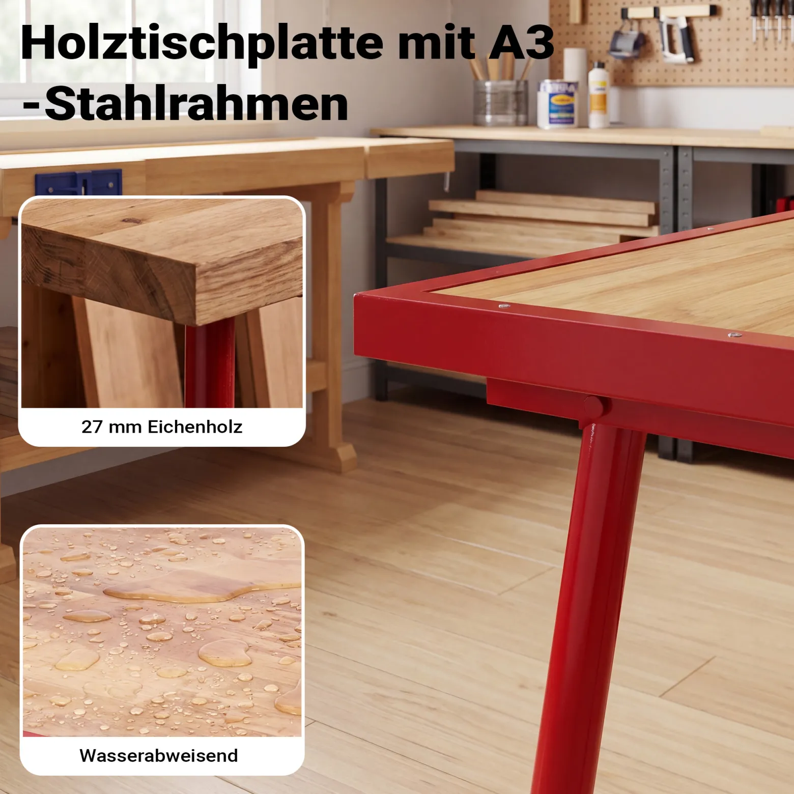 Wiltec Werkbank 120 x 62,5 x 83 cm klappbar, Werktisch faltbar, klappbarer Arbeitstisch bis 300 kg belastbar, Werkstatteinrichtung aus Stahl und Holz