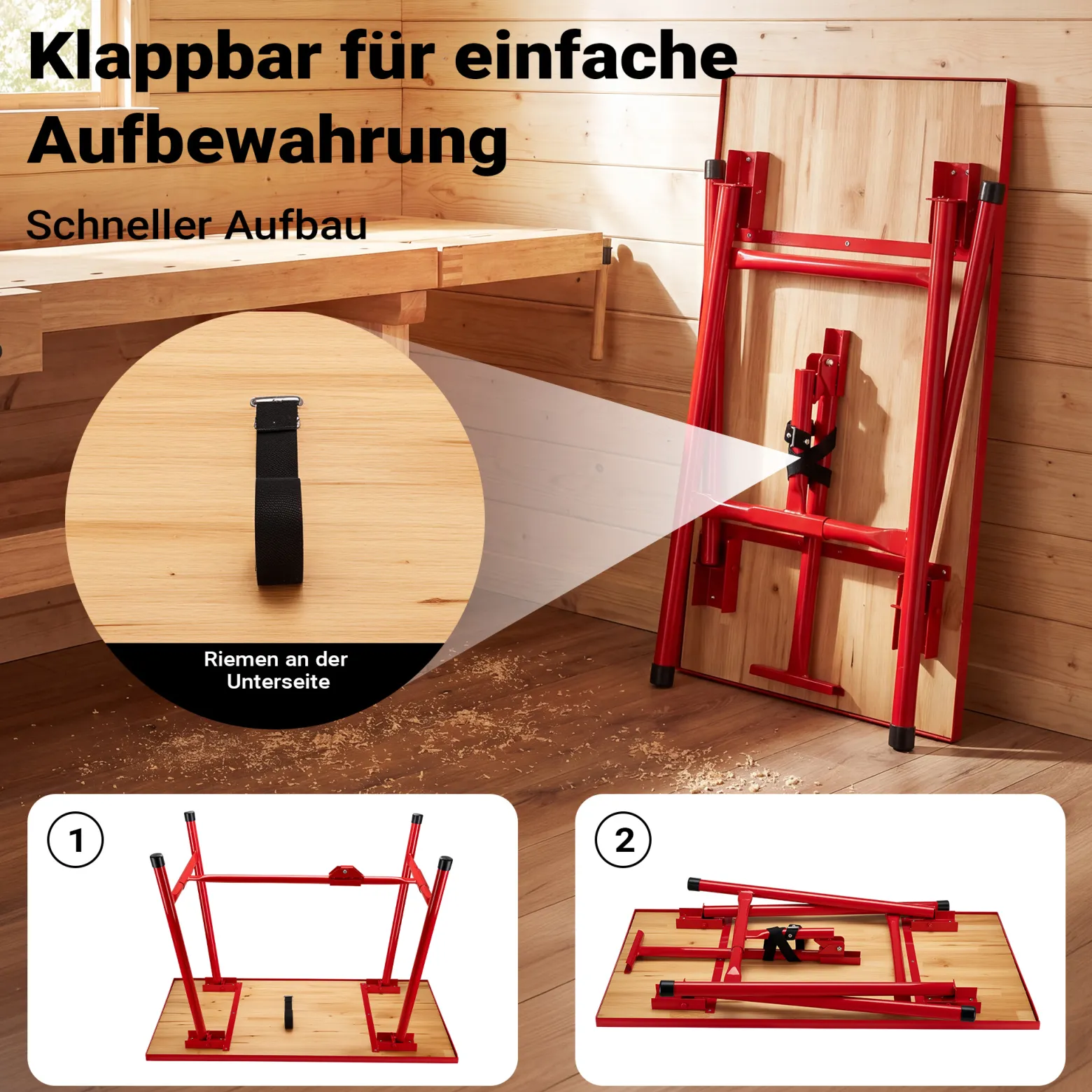 Wiltec Werkbank 120 x 62,5 x 83 cm klappbar, Werktisch faltbar, klappbarer Arbeitstisch bis 300 kg belastbar, Werkstatteinrichtung aus Stahl und Holz