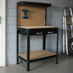 Wiltec Werkbank 1200 x 600 x 1600 mm mit Lochwand, Werkzeugbank mit Stahlrahmen, Arbeitstisch mit Arbeitsplatte aus MDF, Hobelbank mit Aufhängehaken