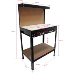 Wiltec Werkbank 800 x 500 x 1400 mm mit Lochwand, Werkzeugbank mit Stahlrahmen, Arbeitstisch mit Arbeitsplatte aus MDF, Hobelbank mit Aufhängehaken