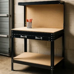 Wiltec Werkbank 1150 x 550 x 1400 mm mit Lochwand, Werkzeugbank mit Stahlrahmen, Arbeitstisch mit Arbeitsplatte aus MDF, Hobelbank mit Aufhängehaken