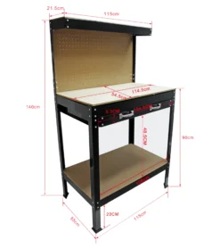 Wiltec Werkbank 1150 x 550 x 1400 mm mit Lochwand, Werkzeugbank mit Stahlrahmen, Arbeitstisch mit Arbeitsplatte aus MDF, Hobelbank mit Aufhängehaken