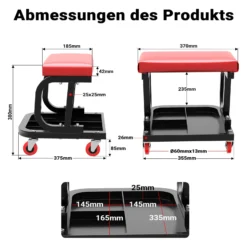 Wiltec Werkstatthocker mit Ablagefläche 37,5x36x38,5cm mit Rollen Werkstattwagen Werkzeugwagen Werkstatt-Rollsitz Werkstattsitz fahrbar