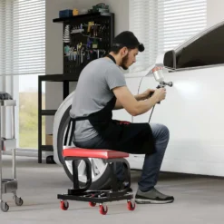 Wiltec Werkstatthocker mit Ablagefläche 37,5x36x38,5cm mit Rollen Werkstattwagen Werkzeugwagen Werkstatt-Rollsitz Werkstattsitz fahrbar