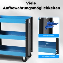 Wiltec Werkstattwagen mit 3 Etagen, 150 kg, 83x38x90 cm, Handgriff, Kunststoffreifen, Bremsen, Ablageflächen mit erhöhtem Rand, Werkzeugwagen, Rollwagen
