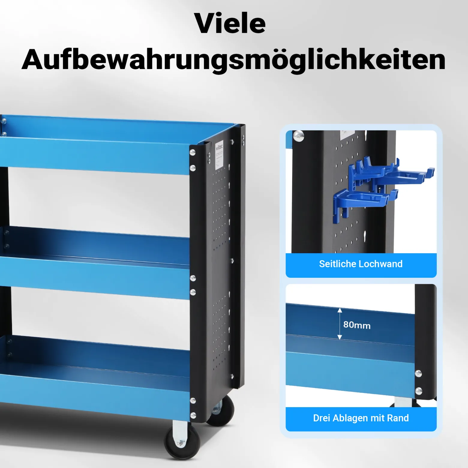 Wiltec Werkstattwagen mit 3 Etagen, 150 kg, 83x38x90 cm, Handgriff, Kunststoffreifen, Bremsen, Ablageflächen mit erhöhtem Rand, Werkzeugwagen, Rollwagen