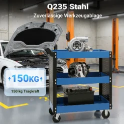 Wiltec Werkstattwagen mit 3 Etagen, 150 kg, 83x38x90 cm, Handgriff, Kunststoffreifen, Bremsen, Ablageflächen mit erhöhtem Rand, Werkzeugwagen, Rollwagen