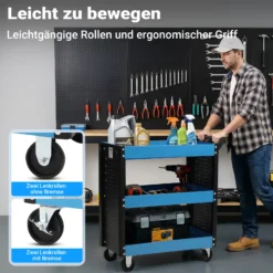 Wiltec Werkstattwagen mit 3 Etagen, 150 kg, 83x38x90 cm, Handgriff, Kunststoffreifen, Bremsen, Ablageflächen mit erhöhtem Rand, Werkzeugwagen, Rollwagen