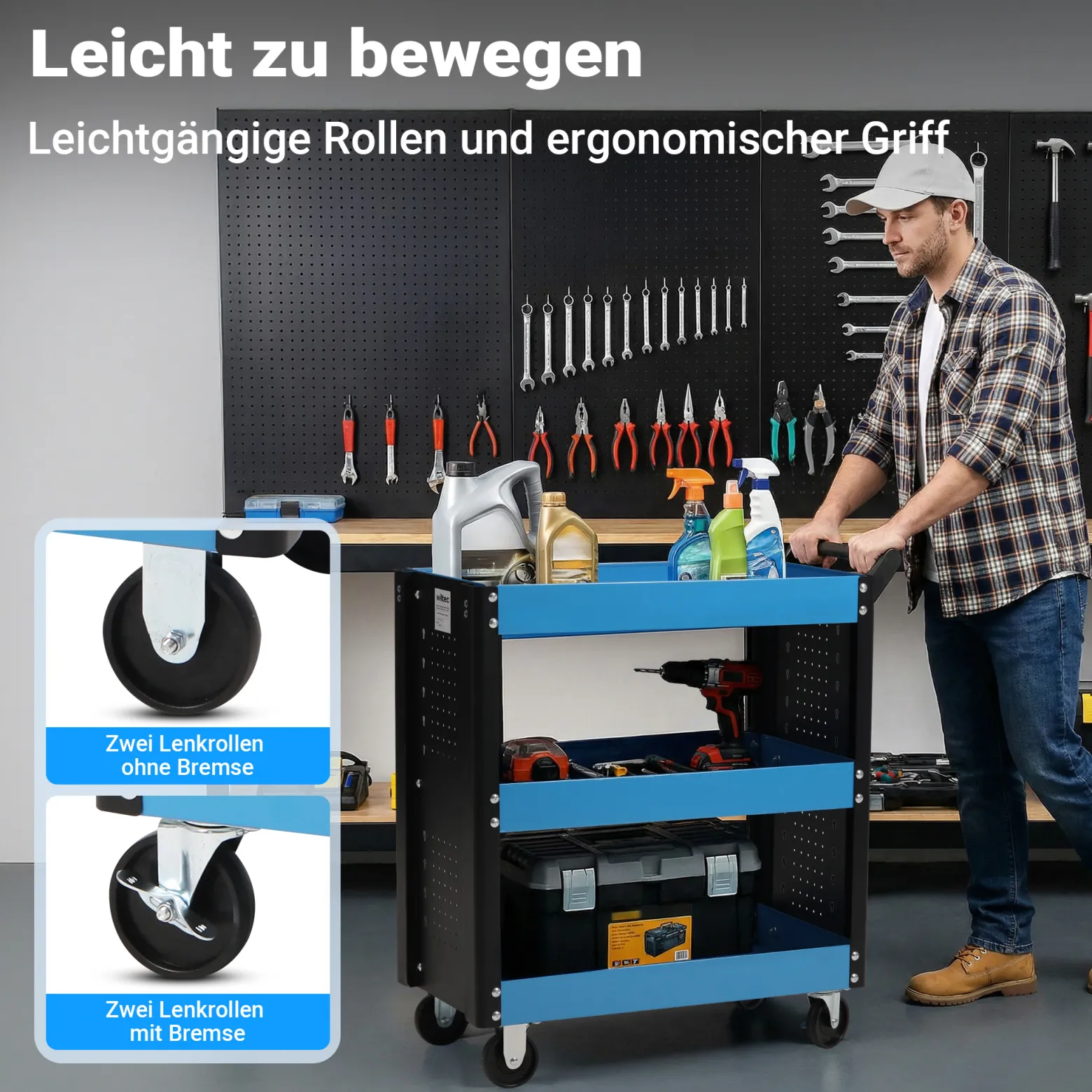 Wiltec Werkstattwagen mit 3 Etagen, 150 kg, 83x38x90 cm, Handgriff, Kunststoffreifen, Bremsen, Ablageflächen mit erhöhtem Rand, Werkzeugwagen, Rollwagen