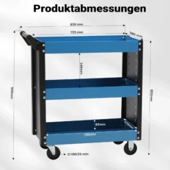 Wiltec Werkstattwagen mit 3 Etagen, 150 kg, 83x38x90 cm, Handgriff, Kunststoffreifen, Bremsen, Ablageflächen mit erhöhtem Rand, Werkzeugwagen, Rollwagen