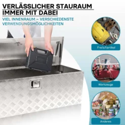 Wiltec Werkzeugbox Alu 124x37x38 cm Silberfarbene Transportbox, Werkzeugkiste inkl. Schlüssel, Alubox und Staukasten mit Handgriffen, großzügige Deichselbox